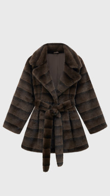 Cappotto medio donna in pelliccia sintetica, ampio collo a rever con cintura regolabile