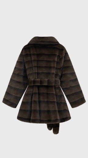 Cappotto medio donna in pelliccia sintetica, ampio collo a rever con cintura regolabile