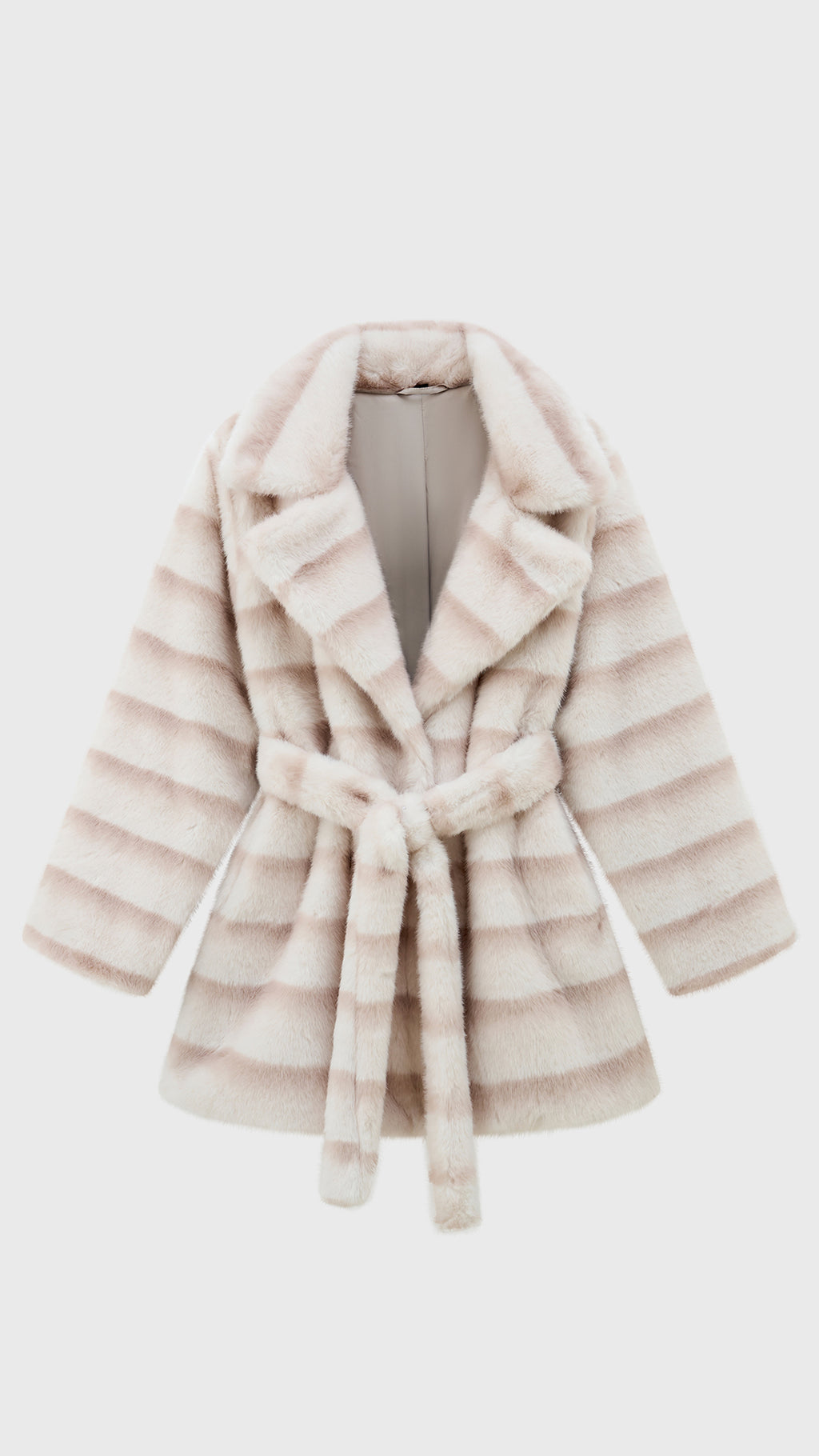 Cappotto medio donna in pelliccia sintetica, ampio collo a rever con cintura regolabile