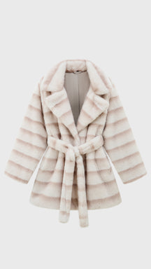 Cappotto medio donna in pelliccia sintetica, ampio collo a rever con cintura regolabile