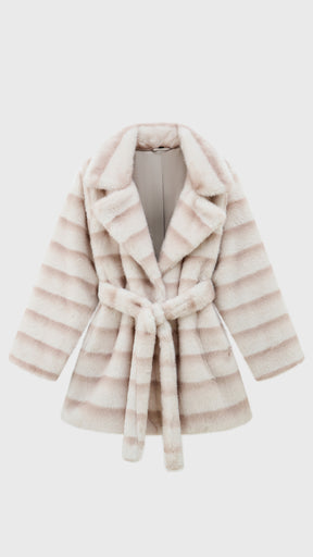 Cappotto medio donna in pelliccia sintetica, ampio collo a rever con cintura regolabile