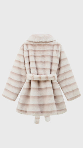 Cappotto medio donna in pelliccia sintetica, ampio collo a rever con cintura regolabile