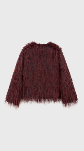 Giacca corta donna in pelliccia sintetica a pelo lungo, scollo a V aperta