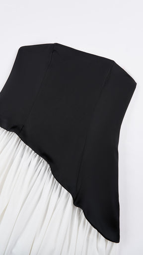 Abito lungo elegante con scollo a collo alto a fiocco, design bicolore con top asimmetrico e gonna fluida