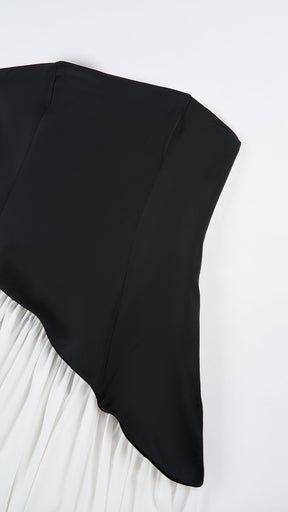 Abito lungo elegante con scollo a collo alto a fiocco, design bicolore con top asimmetrico e gonna fluida