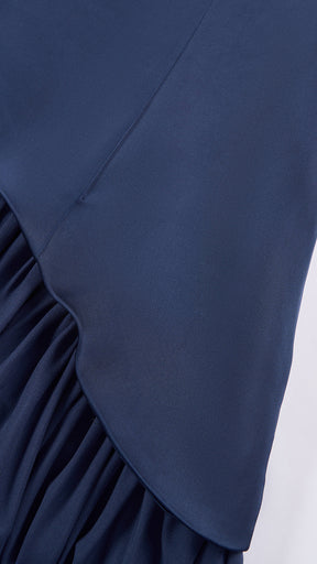 Abito lungo elegante con scollo a collo alto a fiocco, design bicolore con top asimmetrico e gonna fluida