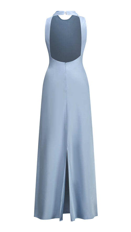 Abito lungo elegante senza maniche con scollo a collo drappeggiato e dettaglio a fibbia, in tessuto fluido, per cerimonie e occasioni speciali