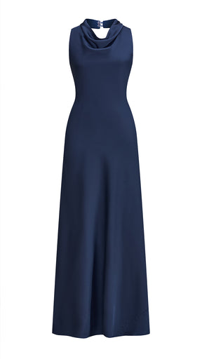 Abito lungo elegante senza maniche con scollo a collo drappeggiato e dettaglio a fibbia, in tessuto fluido, per cerimonie e occasioni speciali