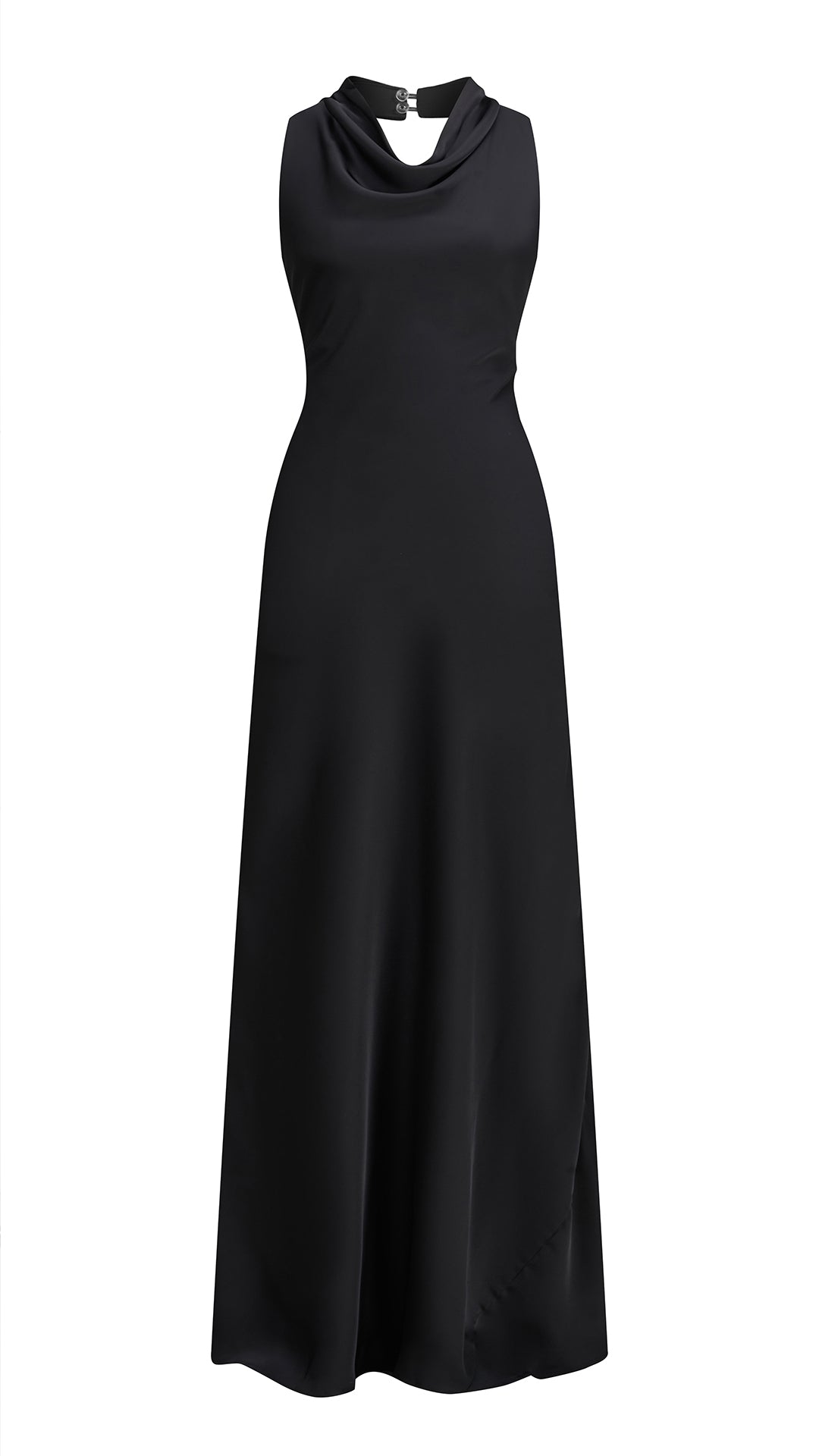 Abito lungo elegante senza maniche con scollo a collo drappeggiato e dettaglio a fibbia, in tessuto fluido, per cerimonie e occasioni speciali