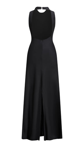 Abito lungo elegante senza maniche con scollo a collo drappeggiato e dettaglio a fibbia, in tessuto fluido, per cerimonie e occasioni speciali