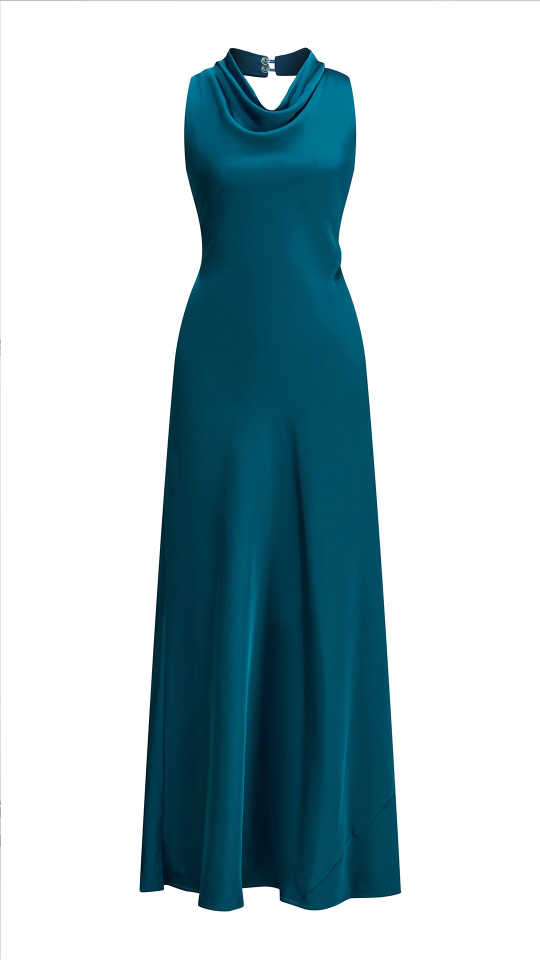 Abito lungo elegante senza maniche con scollo a collo drappeggiato e dettaglio a fibbia, in tessuto fluido, per cerimonie e occasioni speciali