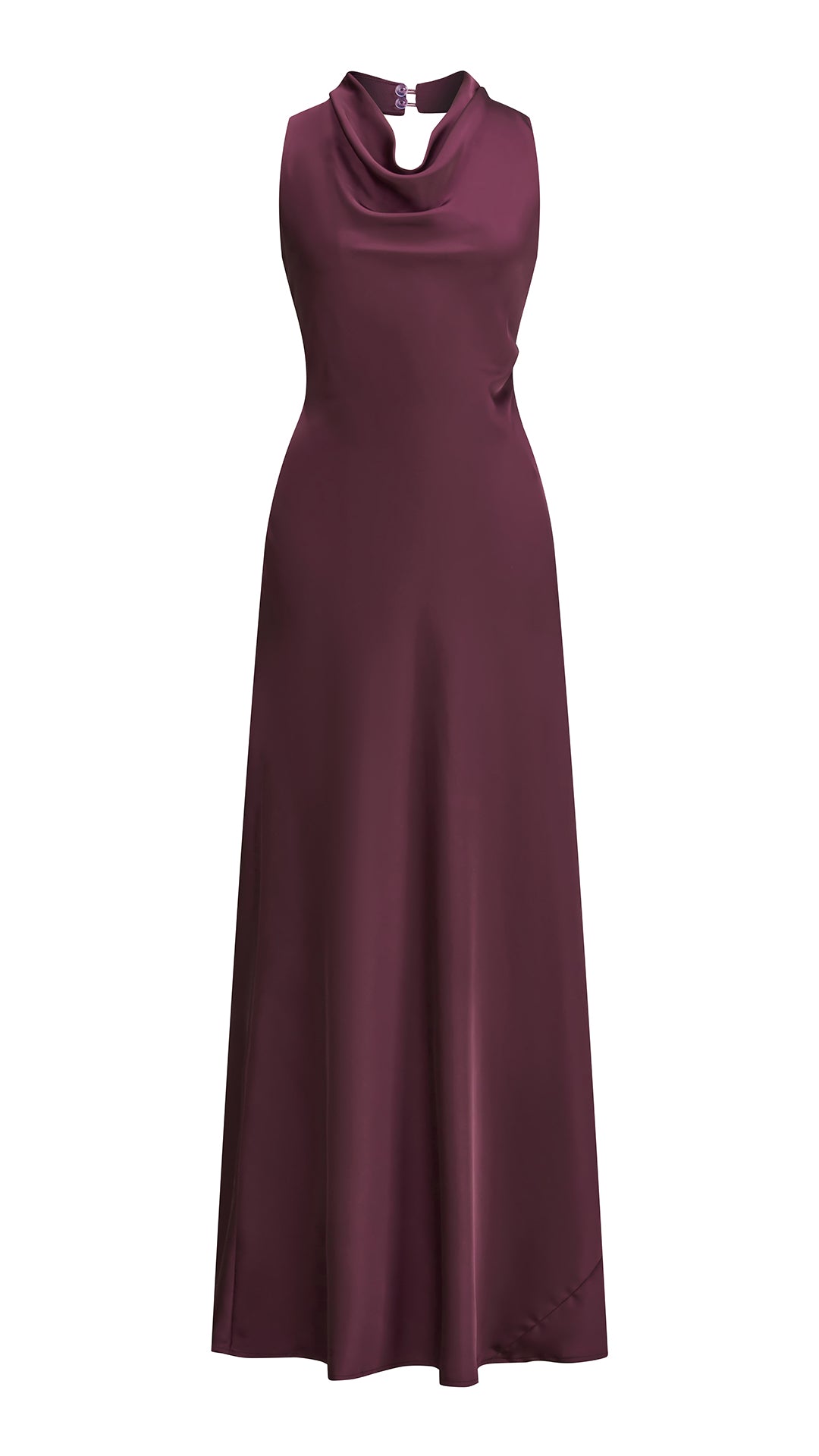 Abito lungo elegante senza maniche con scollo a collo drappeggiato e dettaglio a fibbia, in tessuto fluido, per cerimonie e occasioni speciali