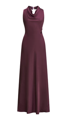 Abito lungo elegante senza maniche con scollo a collo drappeggiato e dettaglio a fibbia, in tessuto fluido, per cerimonie e occasioni speciali