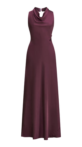 Abito lungo elegante senza maniche con scollo a collo drappeggiato e dettaglio a fibbia, in tessuto fluido, per cerimonie e occasioni speciali