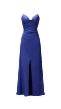 Abito lungo in raso donna, spalline sottili, collo a cascata, spacco frontale, elegante per cerimonie