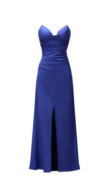 Abito lungo in raso donna, spalline sottili, collo a cascata, spacco frontale, elegante per cerimonie
