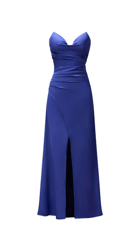 Abito lungo in raso donna, spalline sottili, collo a cascata, spacco frontale, elegante per cerimonie