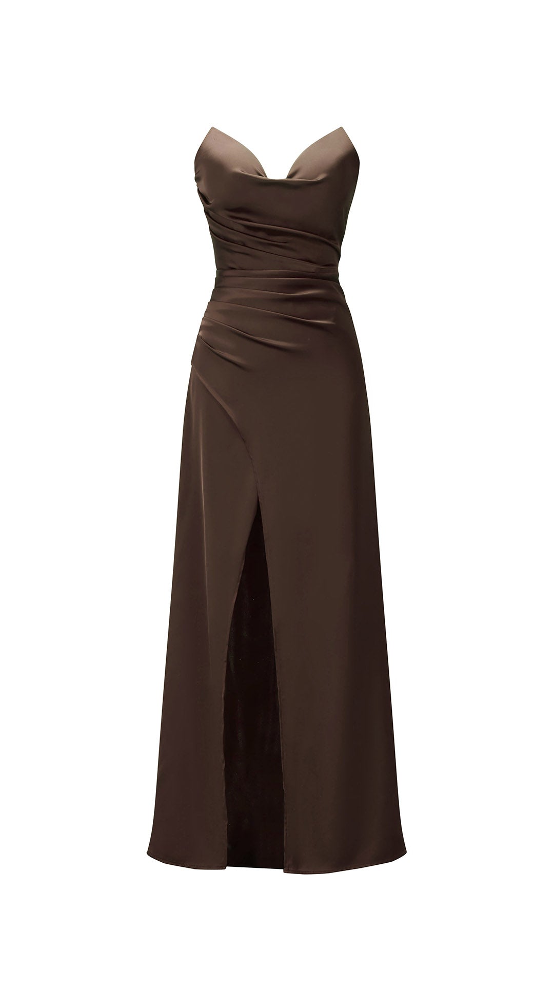 Abito lungo in raso donna, spalline sottili, collo a cascata, spacco frontale, elegante per cerimonie