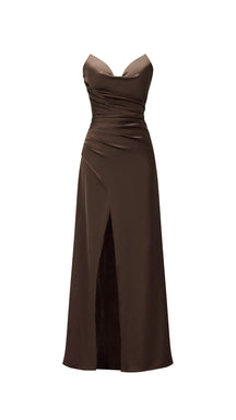 Abito lungo in raso donna, spalline sottili, collo a cascata, spacco frontale, elegante per cerimonie