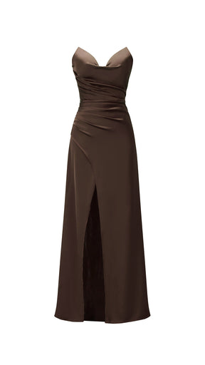 Abito lungo in raso donna, spalline sottili, collo a cascata, spacco frontale, elegante per cerimonie