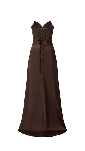 Abito lungo in raso donna, spalline sottili, collo a cascata, spacco frontale, elegante per cerimonie