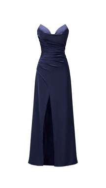Abito lungo in raso donna, spalline sottili, collo a cascata, spacco frontale, elegante per cerimonie