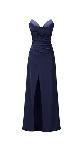 Abito lungo in raso donna, spalline sottili, collo a cascata, spacco frontale, elegante per cerimonie