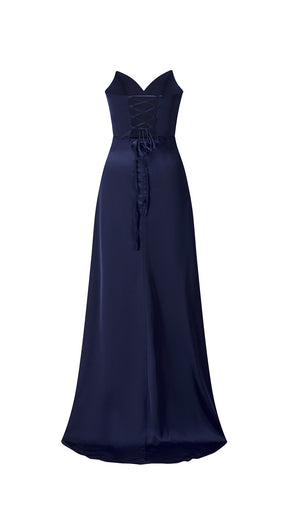 Abito lungo in raso donna, spalline sottili, collo a cascata, spacco frontale, elegante per cerimonie