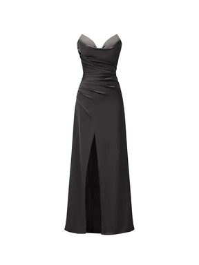 Abito lungo in raso donna, spalline sottili, collo a cascata, spacco frontale, elegante per cerimonie