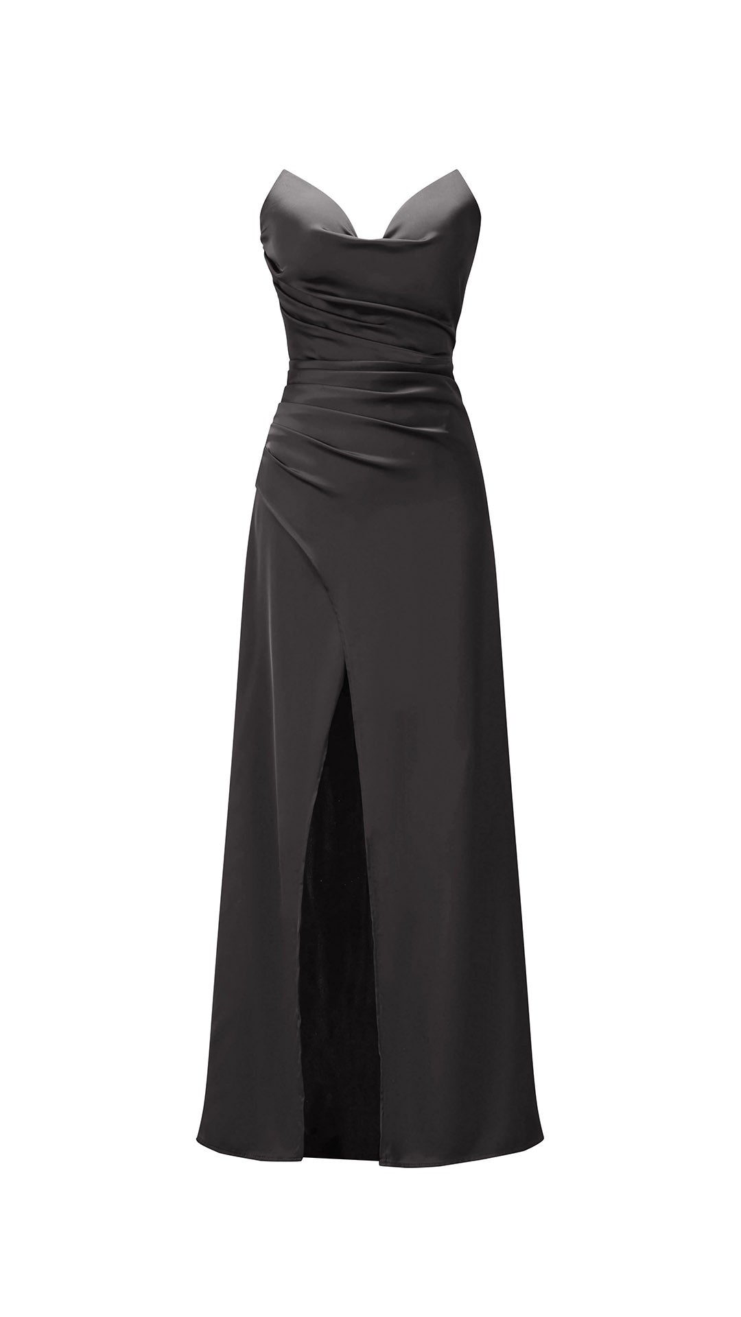 Abito lungo in raso donna, spalline sottili, collo a cascata, spacco frontale, elegante per cerimonie