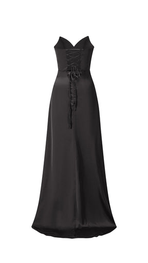 Abito lungo in raso donna, spalline sottili, collo a cascata, spacco frontale, elegante per cerimonie
