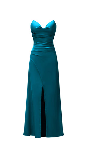 Abito lungo in raso donna, spalline sottili, collo a cascata, spacco frontale, elegante per cerimonie