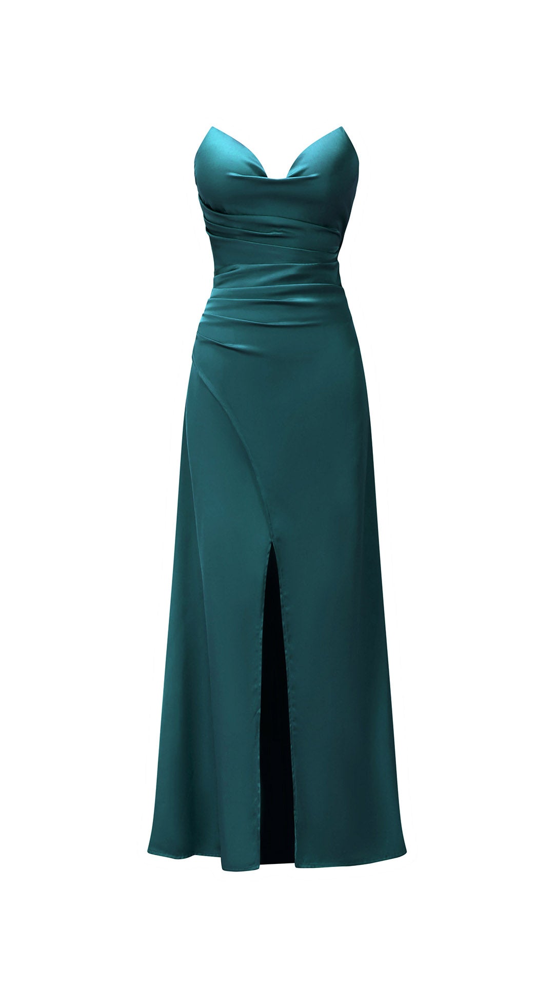 Abito lungo in raso donna, spalline sottili, collo a cascata, spacco frontale, elegante per cerimonie