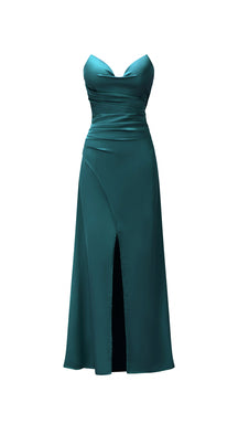 Abito lungo in raso donna, spalline sottili, collo a cascata, spacco frontale, elegante per cerimonie