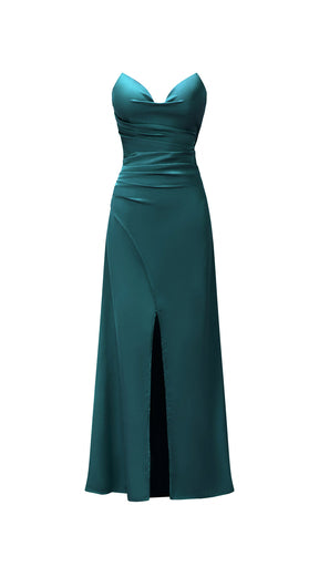 Abito lungo in raso donna, spalline sottili, collo a cascata, spacco frontale, elegante per cerimonie