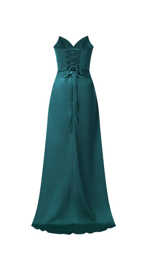 Abito lungo in raso donna, spalline sottili, collo a cascata, spacco frontale, elegante per cerimonie