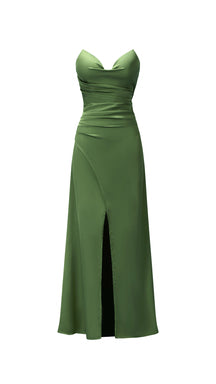 Abito lungo in raso donna, spalline sottili, collo a cascata, spacco frontale, elegante per cerimonie