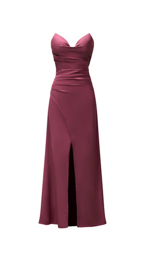 Abito lungo in raso donna, spalline sottili, collo a cascata, spacco frontale, elegante per cerimonie