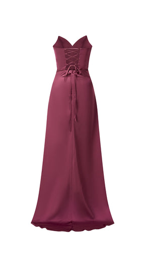 Abito lungo in raso donna, spalline sottili, collo a cascata, spacco frontale, elegante per cerimonie