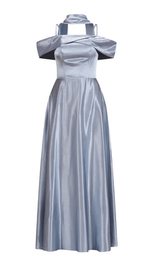 Vestito Lungo Satin Donna con Colletto Alto e Spalle Scoperte, Abito Elegante Cerimonia Busto Arricciato e Gonna Svasata