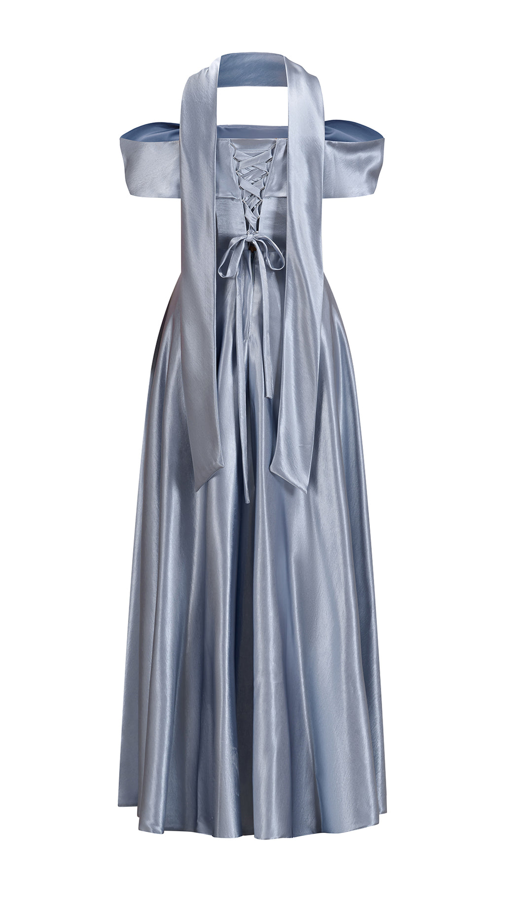 Vestito Lungo Satin Donna con Colletto Alto e Spalle Scoperte, Abito Elegante Cerimonia Busto Arricciato e Gonna Svasata