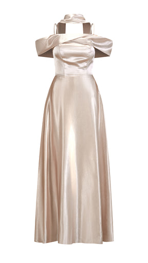 Vestito Lungo Satin Donna con Colletto Alto e Spalle Scoperte, Abito Elegante Cerimonia Busto Arricciato e Gonna Svasata