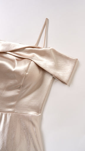 Vestito Lungo Satin Donna con Colletto Alto e Spalle Scoperte, Abito Elegante Cerimonia Busto Arricciato e Gonna Svasata