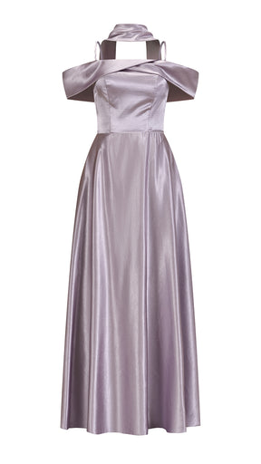 Vestito Lungo Satin Donna con Colletto Alto e Spalle Scoperte, Abito Elegante Cerimonia Busto Arricciato e Gonna Svasata