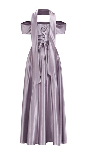 Vestito Lungo Satin Donna con Colletto Alto e Spalle Scoperte, Abito Elegante Cerimonia Busto Arricciato e Gonna Svasata