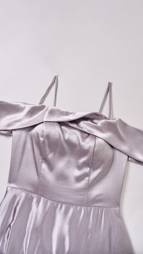 Vestito Lungo Satin Donna con Colletto Alto e Spalle Scoperte, Abito Elegante Cerimonia Busto Arricciato e Gonna Svasata