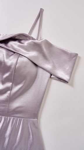 Vestito Lungo Satin Donna con Colletto Alto e Spalle Scoperte, Abito Elegante Cerimonia Busto Arricciato e Gonna Svasata