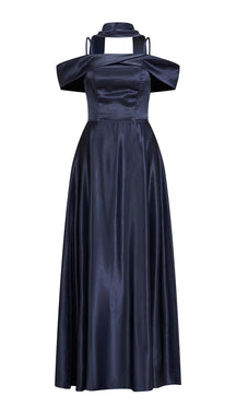 Vestito Lungo Satin Donna con Colletto Alto e Spalle Scoperte, Abito Elegante Cerimonia Busto Arricciato e Gonna Svasata