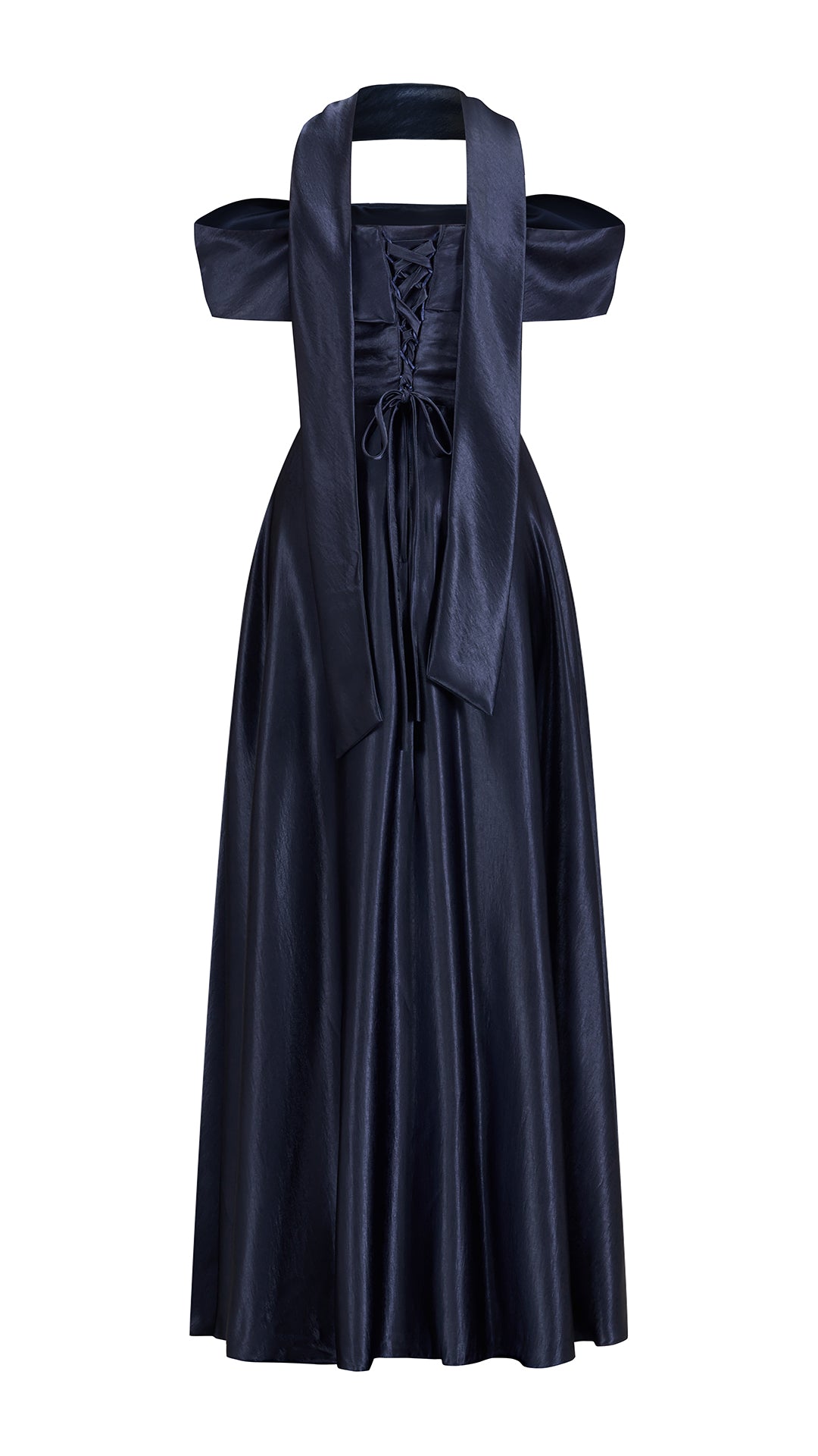 Vestito Lungo Satin Donna con Colletto Alto e Spalle Scoperte, Abito Elegante Cerimonia Busto Arricciato e Gonna Svasata