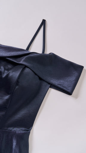 Vestito Lungo Satin Donna con Colletto Alto e Spalle Scoperte, Abito Elegante Cerimonia Busto Arricciato e Gonna Svasata